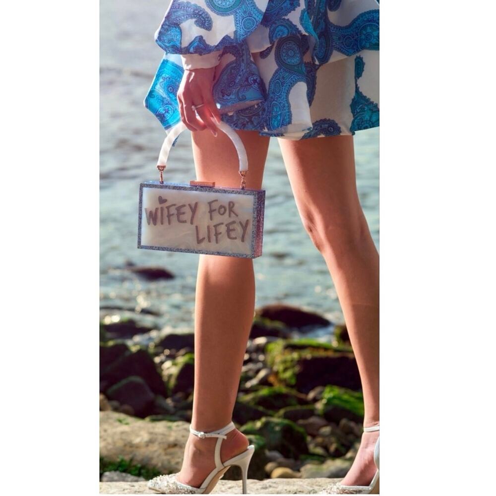 Sophia Webster Clutch Pearl Blue Graphic Print Wifey For Lifey Dust Bag & Box
